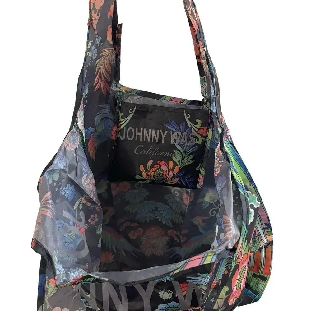 Johnny Was Packable Reuseable Shopping Tote Black Floral Women's Double Handles - Picture 7 of 8